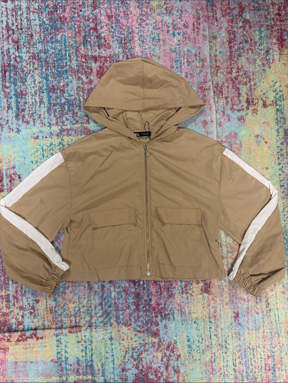 Zara Hooded Cropped Windbreaker - Tan with White Stripes